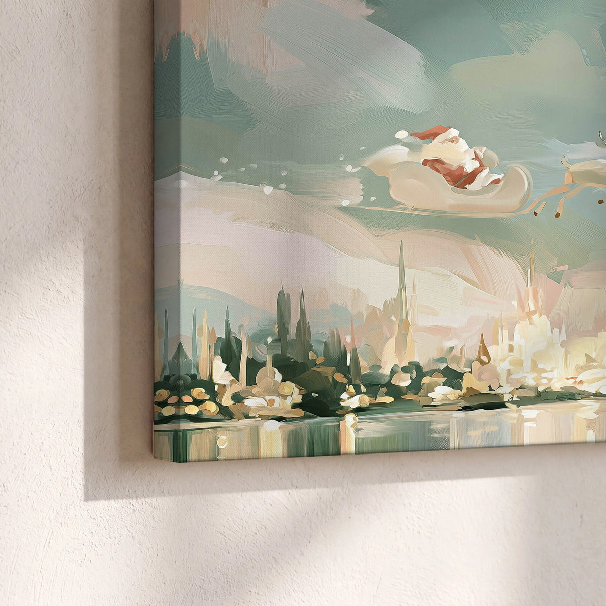 Pastel Santa sleigh painting canvas print close-up showing the gallery-wrapped edge