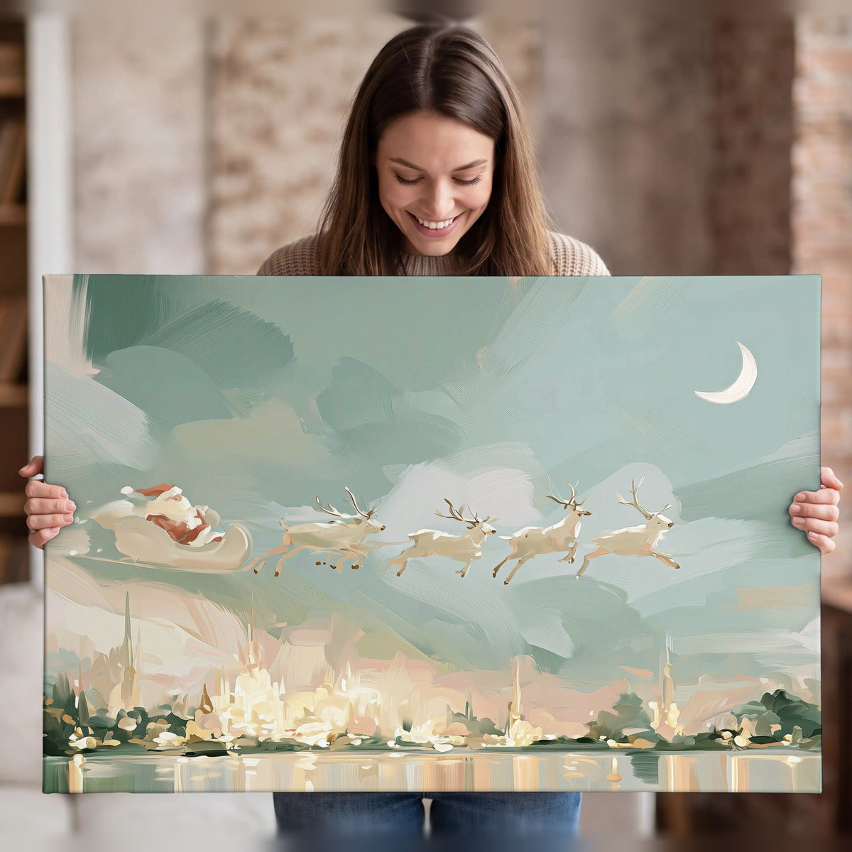 Pastel Santa sleigh painting canvas wall art held in hands