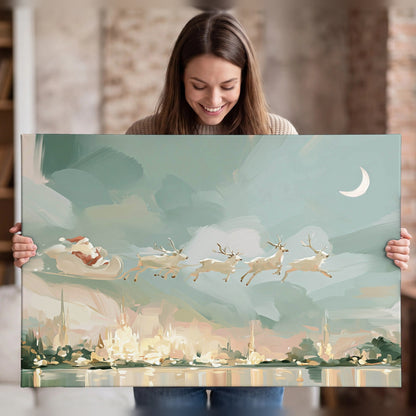 Pastel Santa sleigh painting canvas wall art held in hands