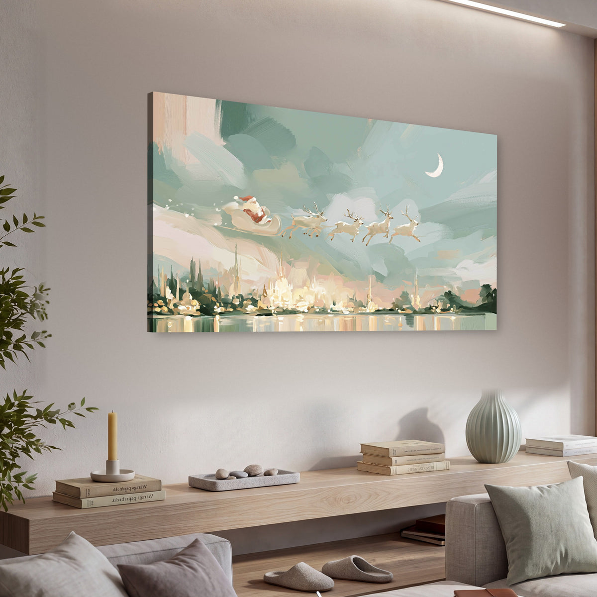 Pastel Santa sleigh painting canvas wall art in a living room above a console
