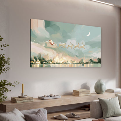 Pastel Santa sleigh painting canvas wall art in a living room above a console