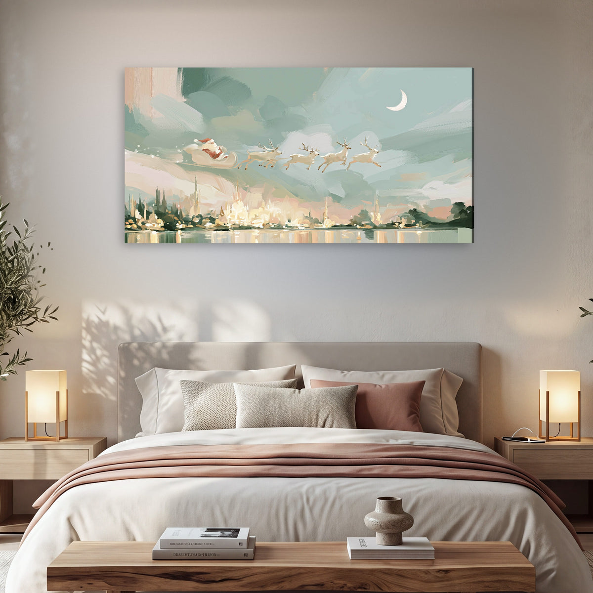 Pastel Santa sleigh painting canvas wall art in a bedroom above the bed
