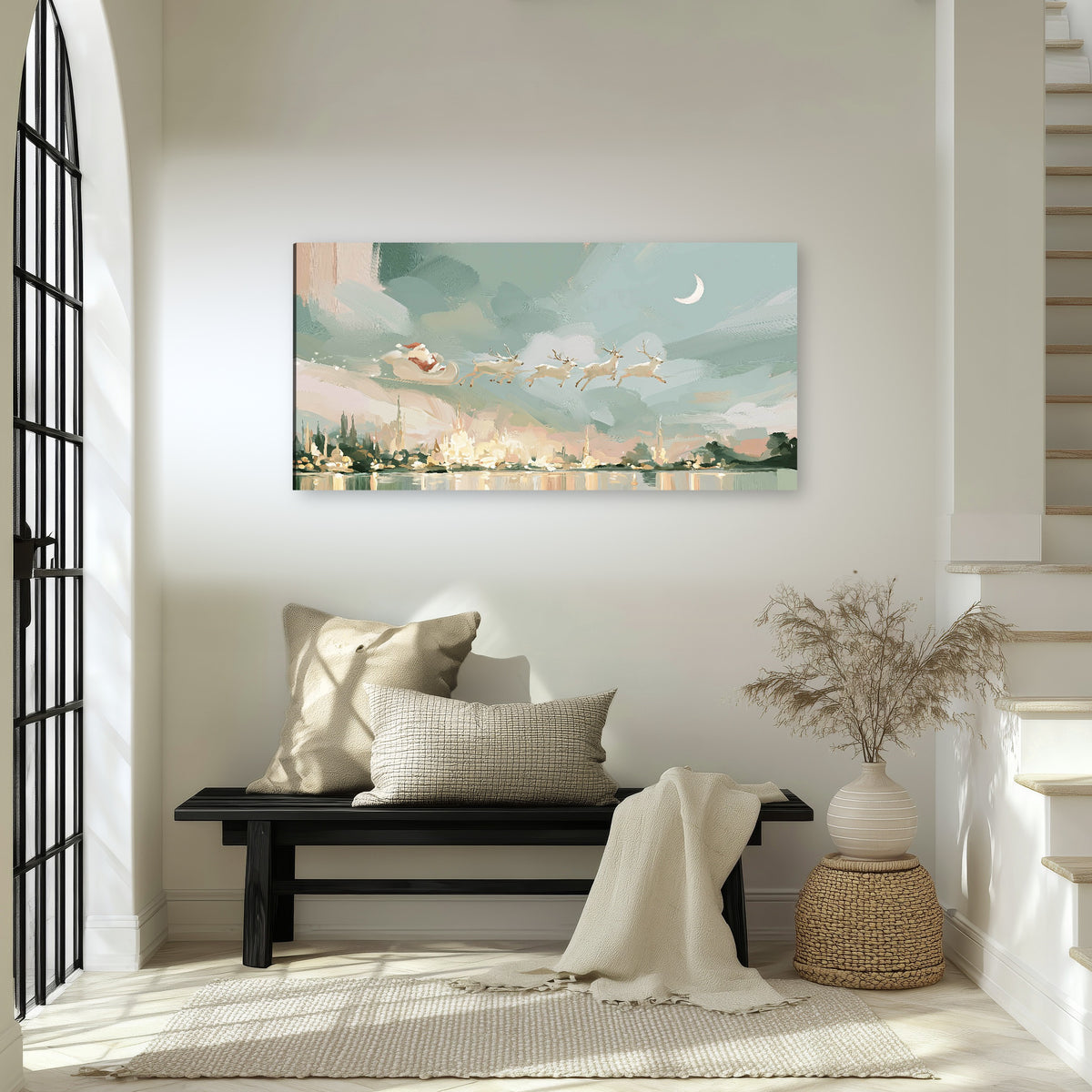 Pastel Santa sleigh painting canvas wall art in an entryway above a bench