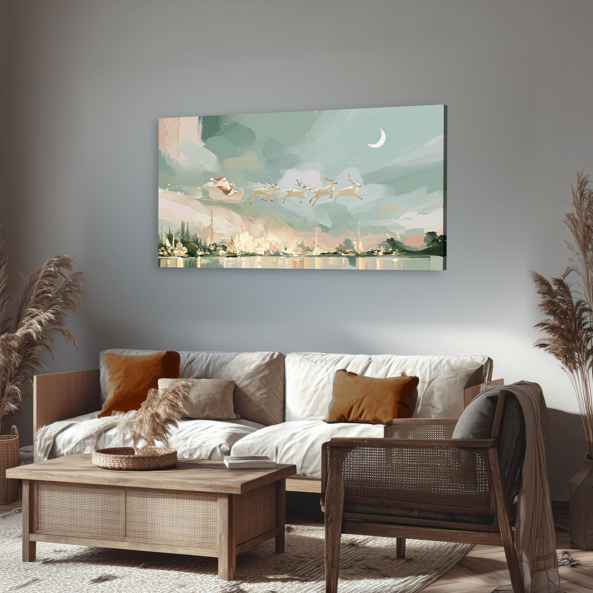 Pastel Santa sleigh painting canvas wall art in a rustic living room