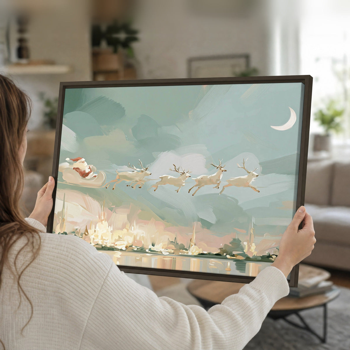 Pastel Santa sleigh painting framed canvas held in hands