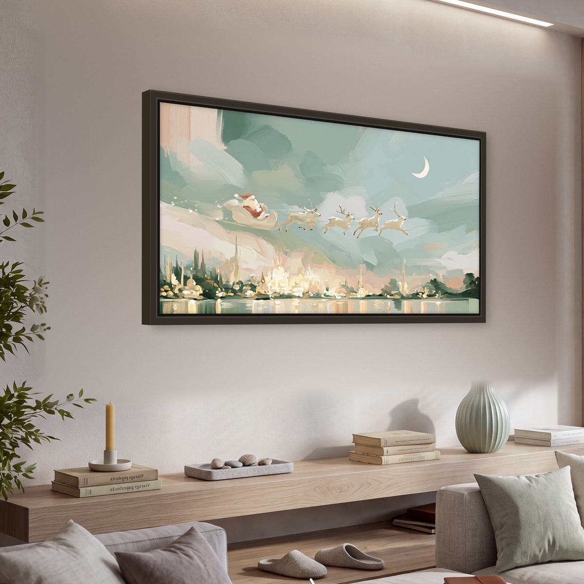 Pastel Santa sleigh painting framed canvas wall art in a living room above a console