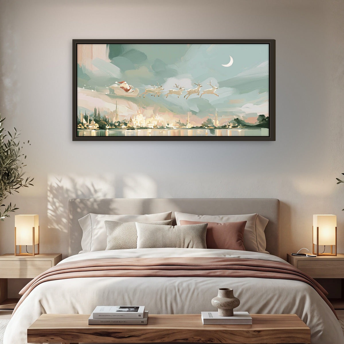 Pastel Santa sleigh painting framed canvas wall art in a bedroom above the bed