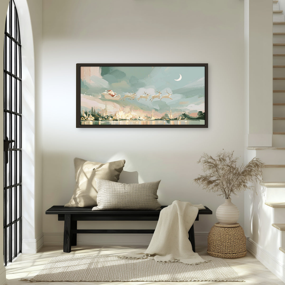 Pastel Santa sleigh painting framed canvas wall art in an entryway above a bench
