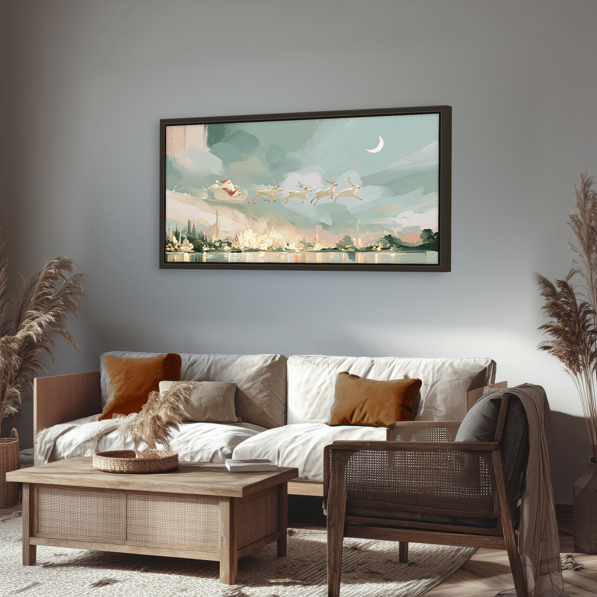 Pastel Santa sleigh painting framed canvas wall art in a rustic living room