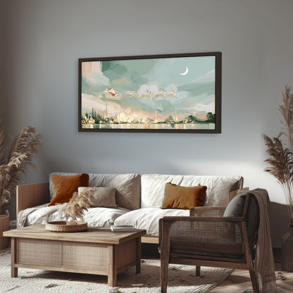 Pastel Santa sleigh painting framed canvas wall art in a rustic living room