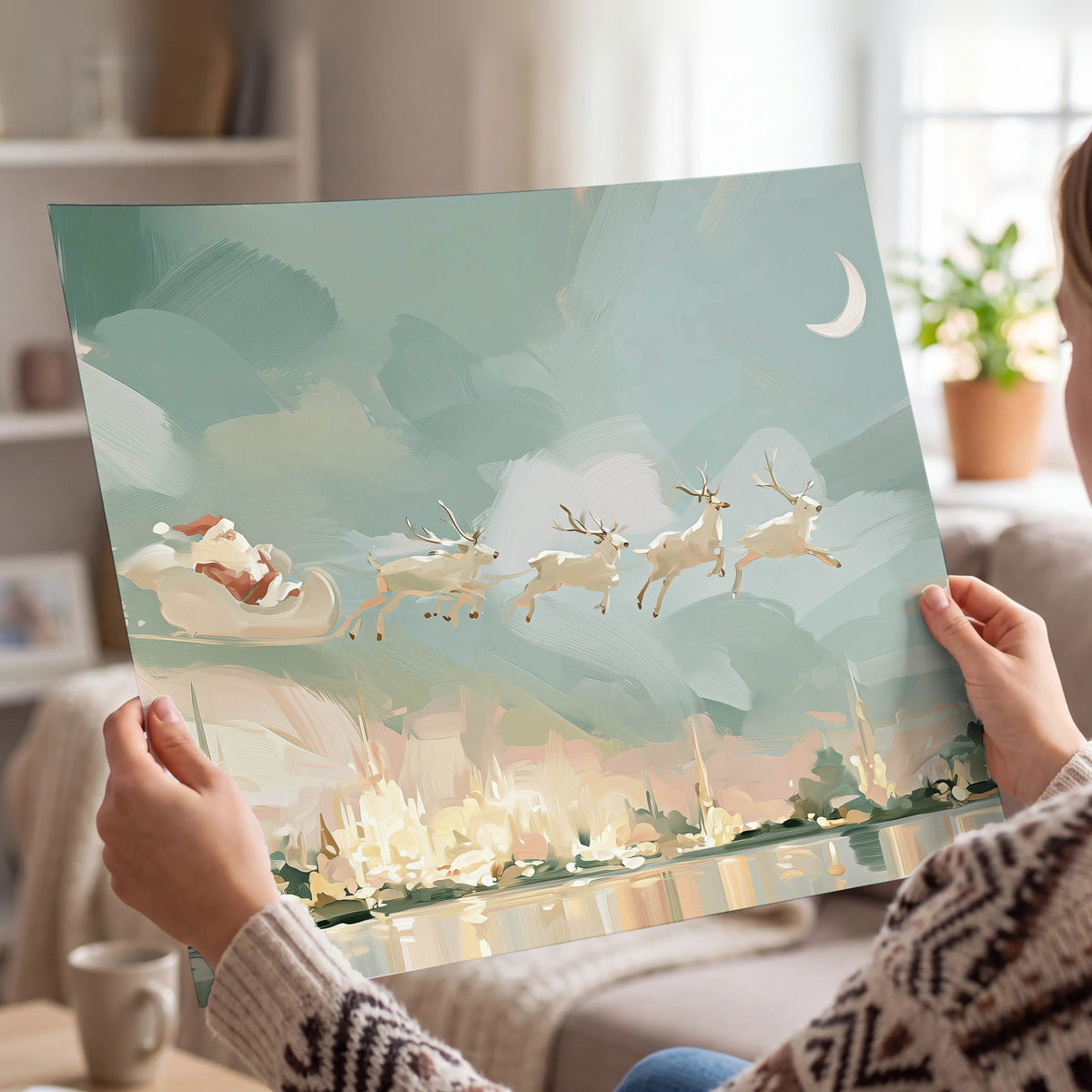 Pastel Santa sleigh painting poster print held in hands