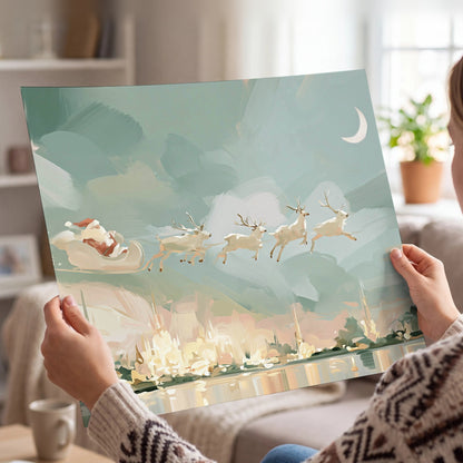 Pastel Santa sleigh painting poster print held in hands