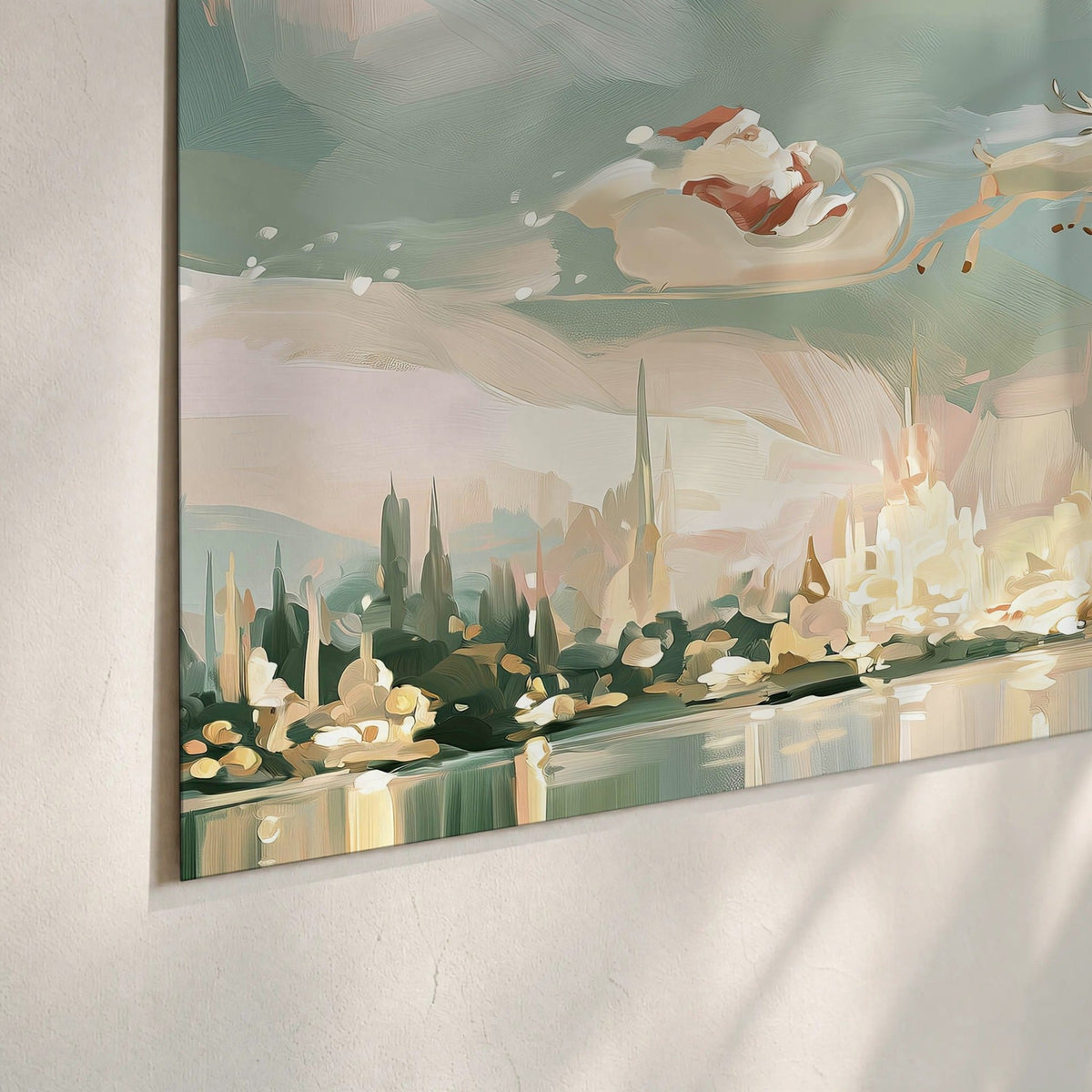 Pastel Santa sleigh painting poster print close-up on matte paper