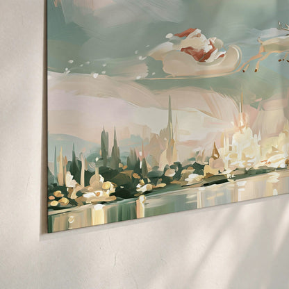Pastel Santa sleigh painting poster print close-up on matte paper
