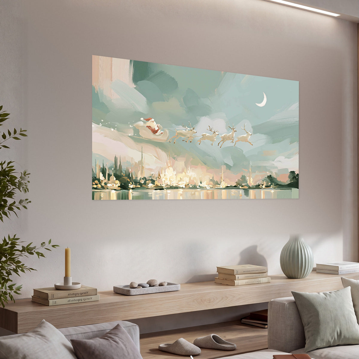 Pastel Santa sleigh painting poster print in a living room above a console