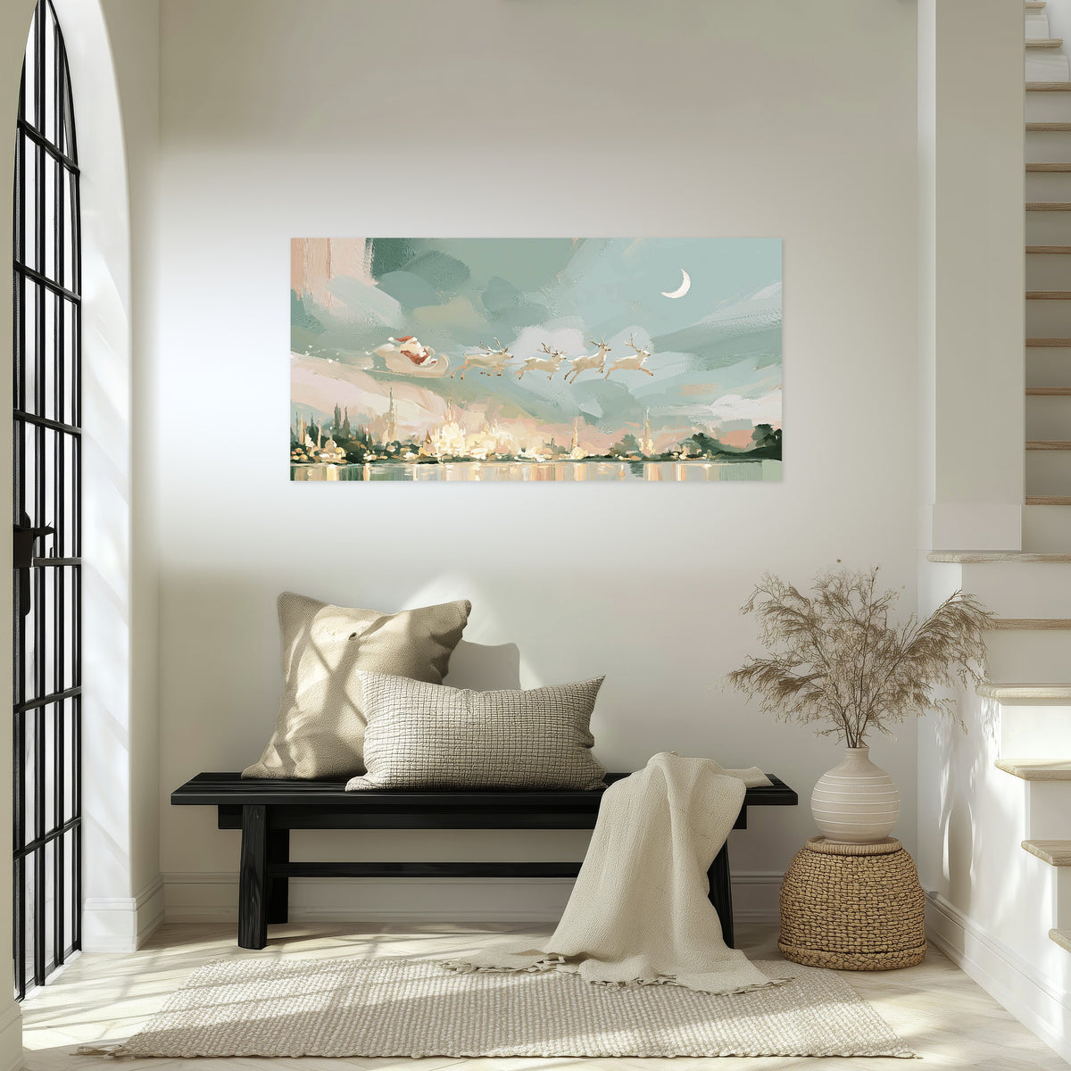 Pastel Santa sleigh painting poster print in an entryway above a bench