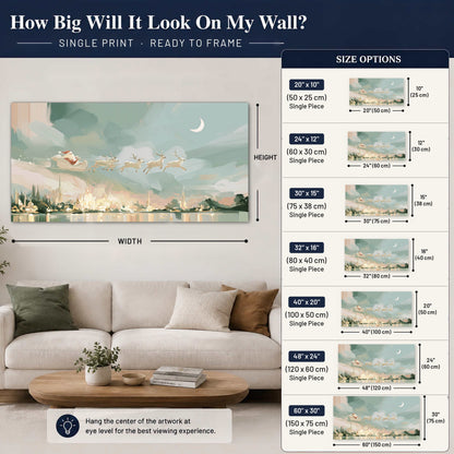 Pastel Santa sleigh painting poster print size guide above a sofa