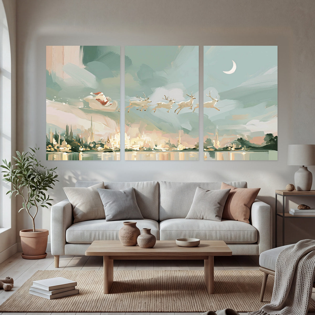 Pastel Santa sleigh painting set of 3 poster prints in a bright living room