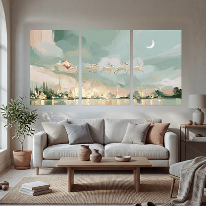 Pastel Santa sleigh painting set of 3 poster prints in a bright living room