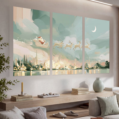 Pastel Santa sleigh painting set of 3 poster prints in a living room above a console