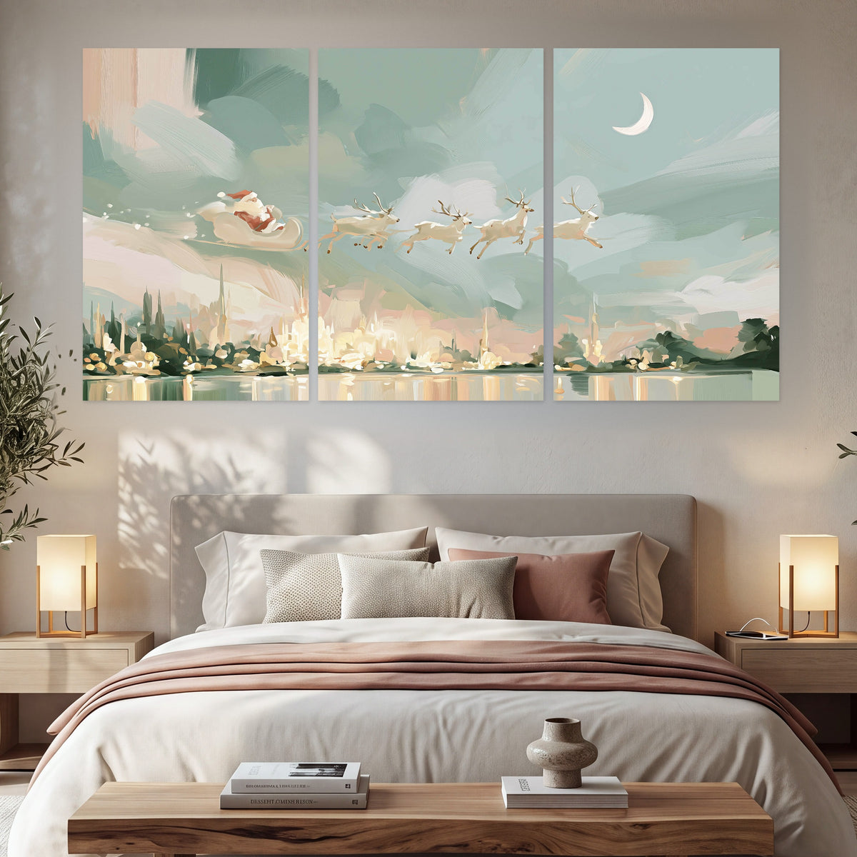 Pastel Santa sleigh painting set of 3 poster prints in a bedroom above the bed