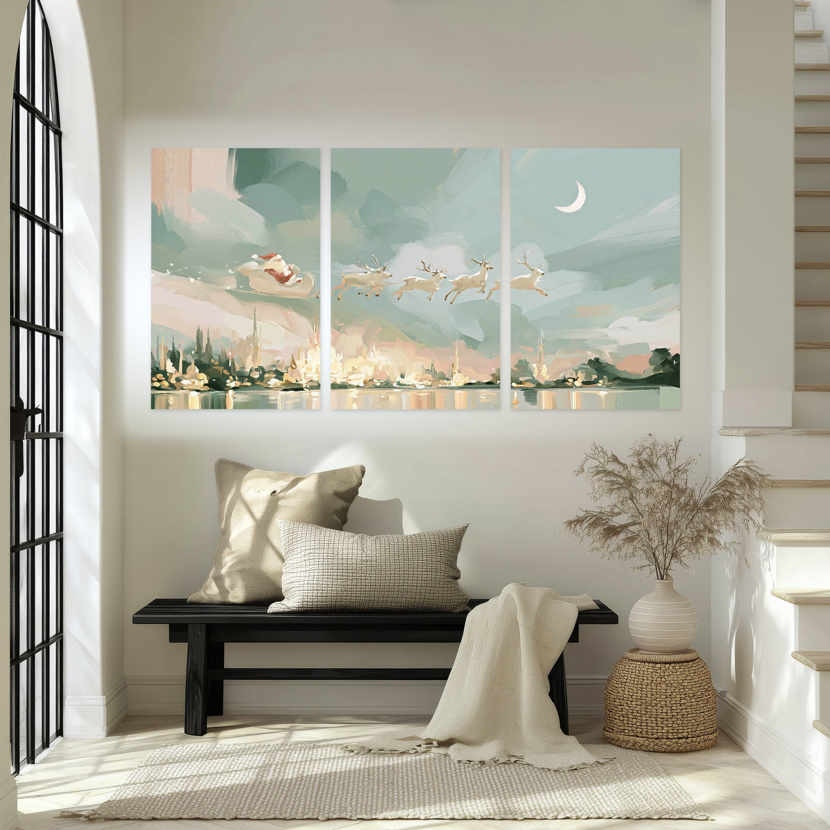 Pastel Santa sleigh painting set of 3 poster prints in an entryway above a bench