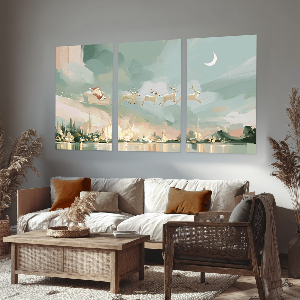 Pastel Santa sleigh painting set of 3 poster prints in a rustic living room