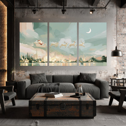 Pastel Santa sleigh painting set of 3 poster prints in an industrial loft
