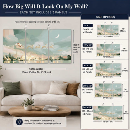 Pastel Santa sleigh painting set of 3 poster prints size guide above a sofa
