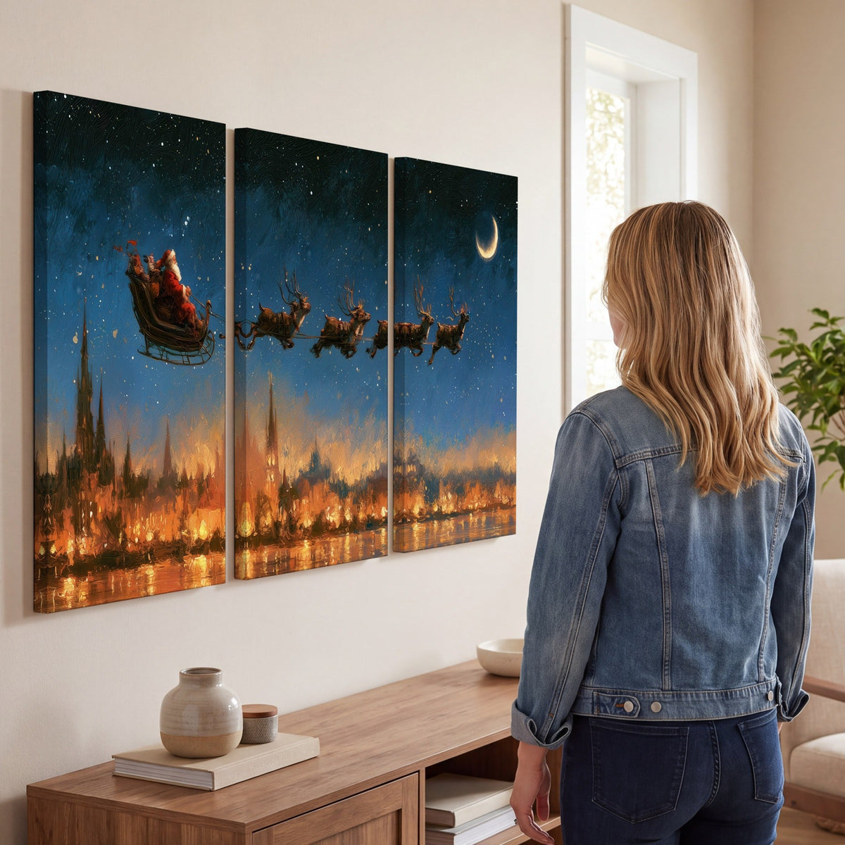 Santa sleigh starry night painting 3 piece canvas wall art in a living room
