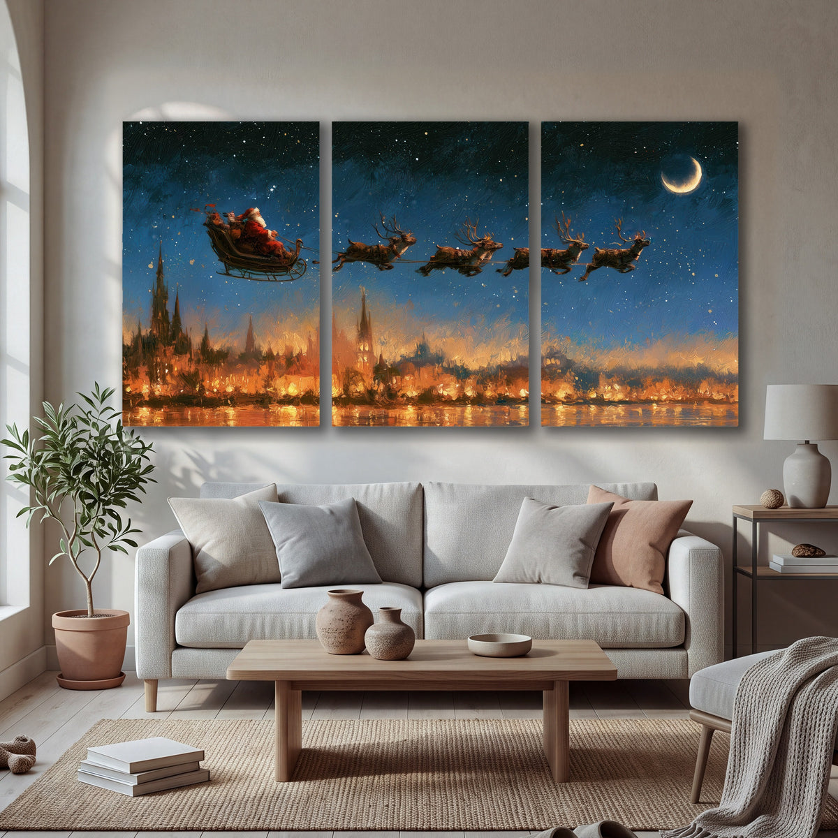 Santa sleigh starry night painting 3 piece canvas wall art in a bright living room