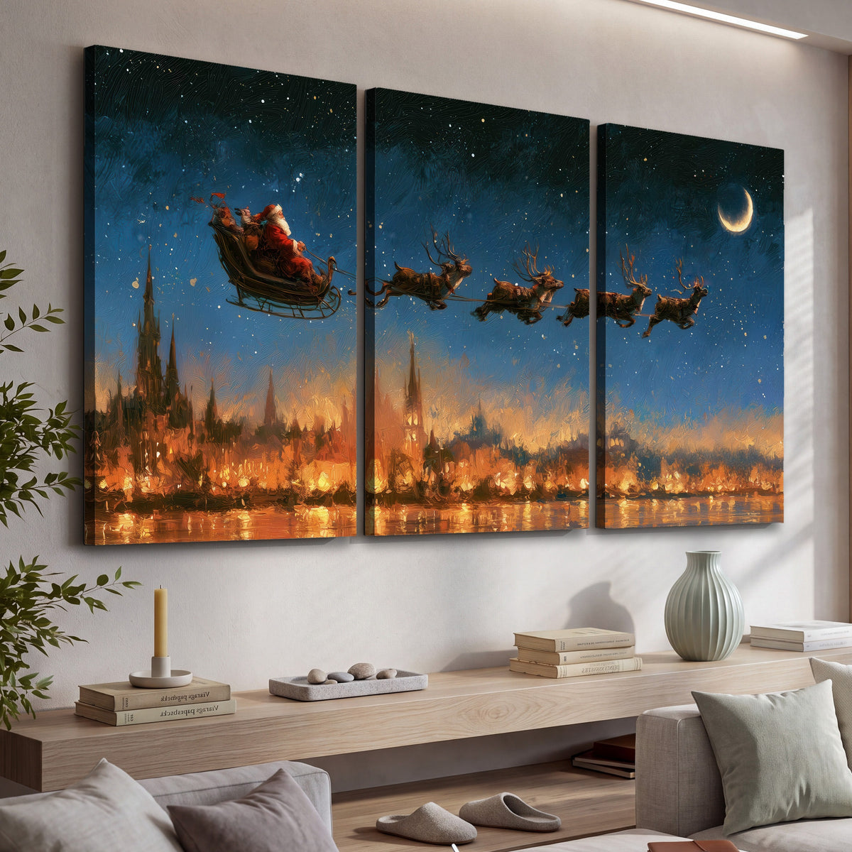 Santa sleigh starry night painting 3 piece canvas wall art in a living room above a console