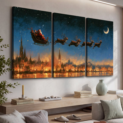Santa sleigh starry night painting 3 piece canvas wall art in a living room above a console