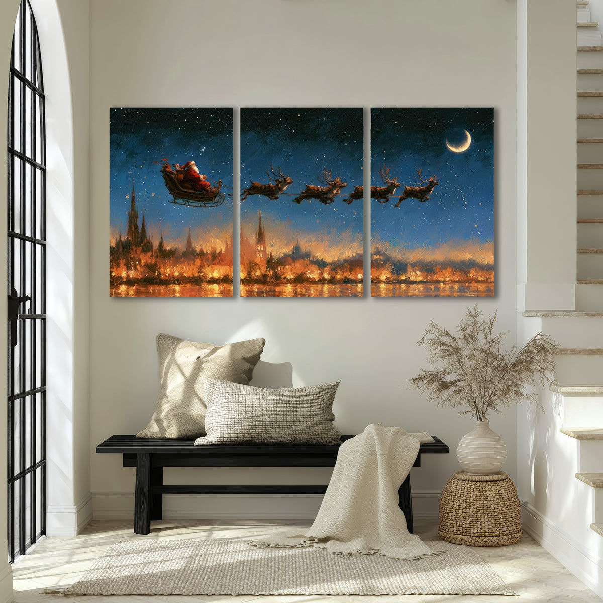 Santa sleigh starry night painting 3 piece canvas wall art in an entryway above a bench
