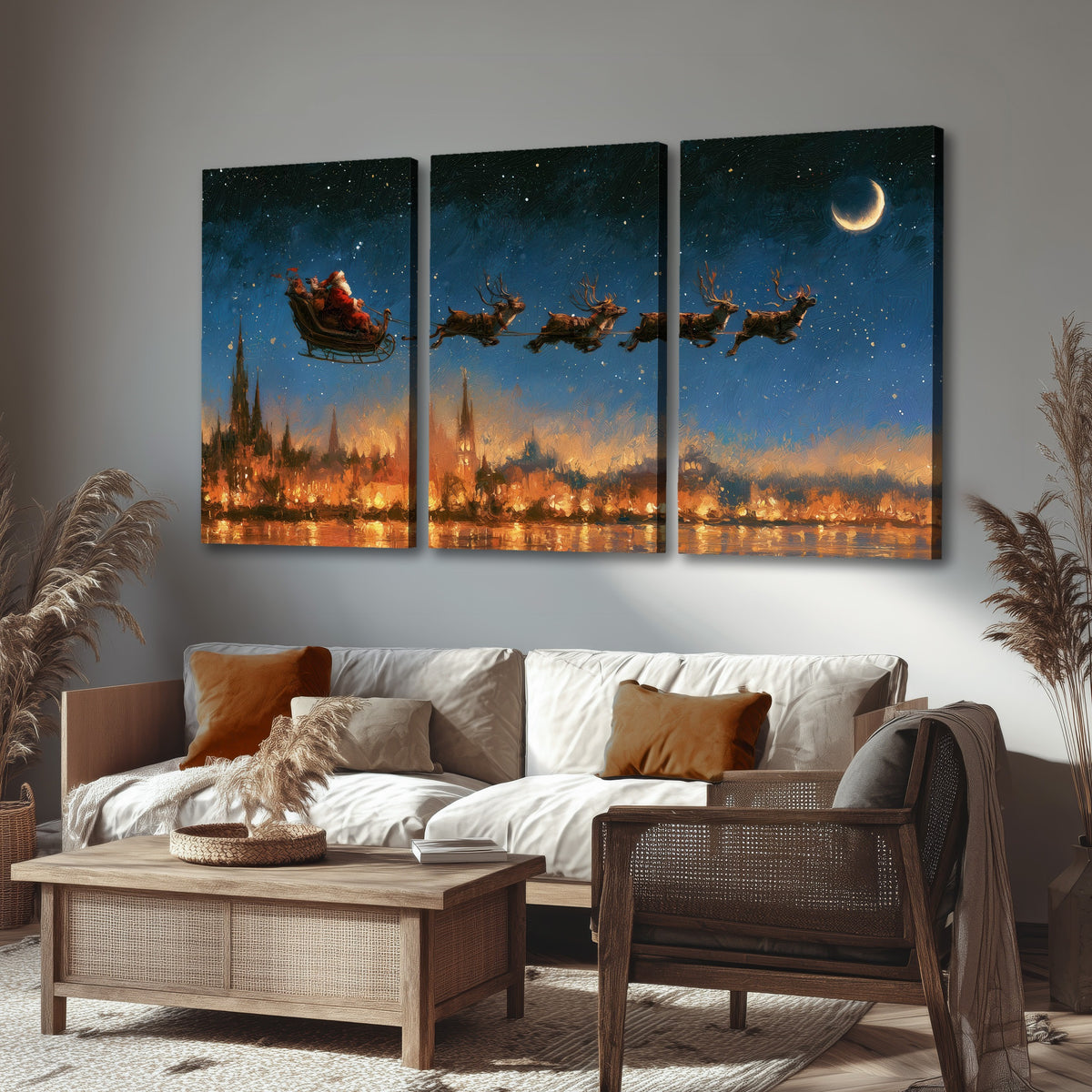 Santa sleigh starry night painting 3 piece canvas wall art in a rustic living room