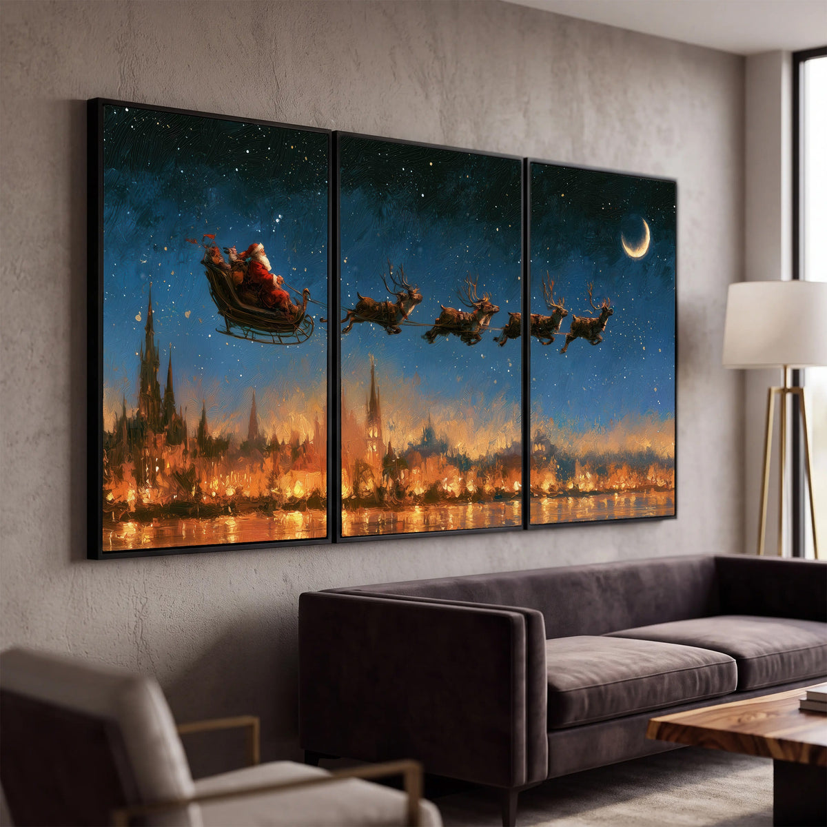 Santa sleigh starry night painting 3 piece canvas wall art in a modern living room