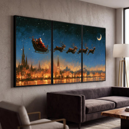 Santa sleigh starry night painting 3 piece canvas wall art in a modern living room