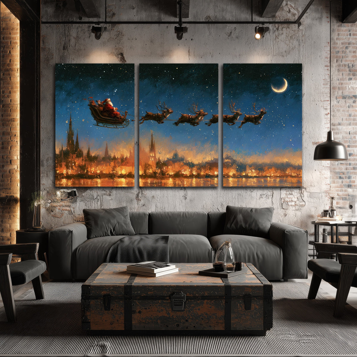Santa sleigh starry night painting 3 piece canvas wall art in an industrial loft