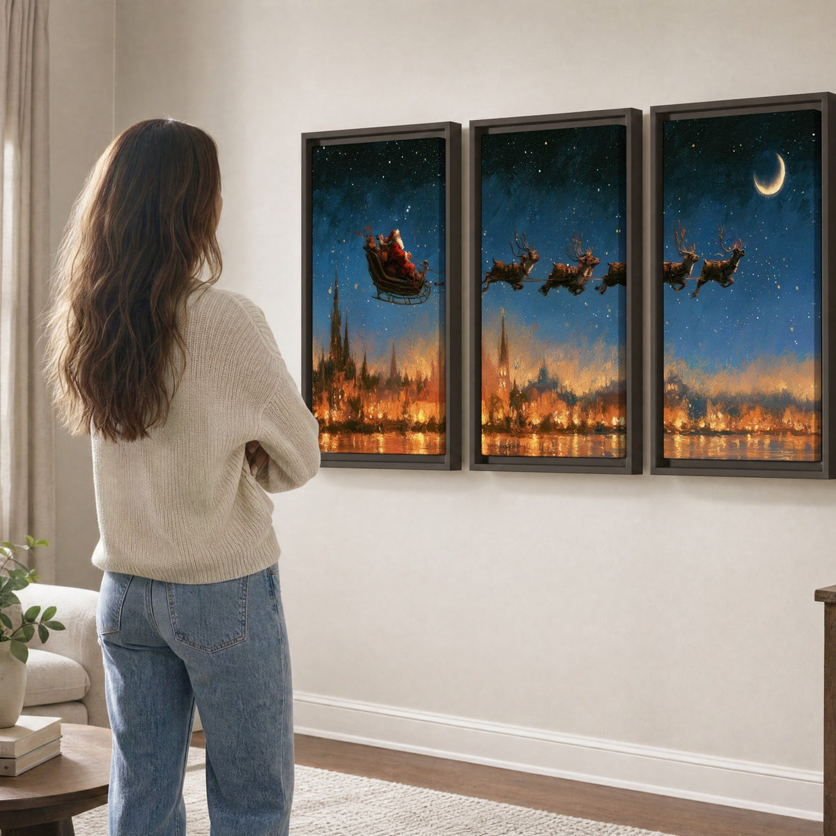 Santa sleigh starry night painting 3 piece framed canvas in a living room