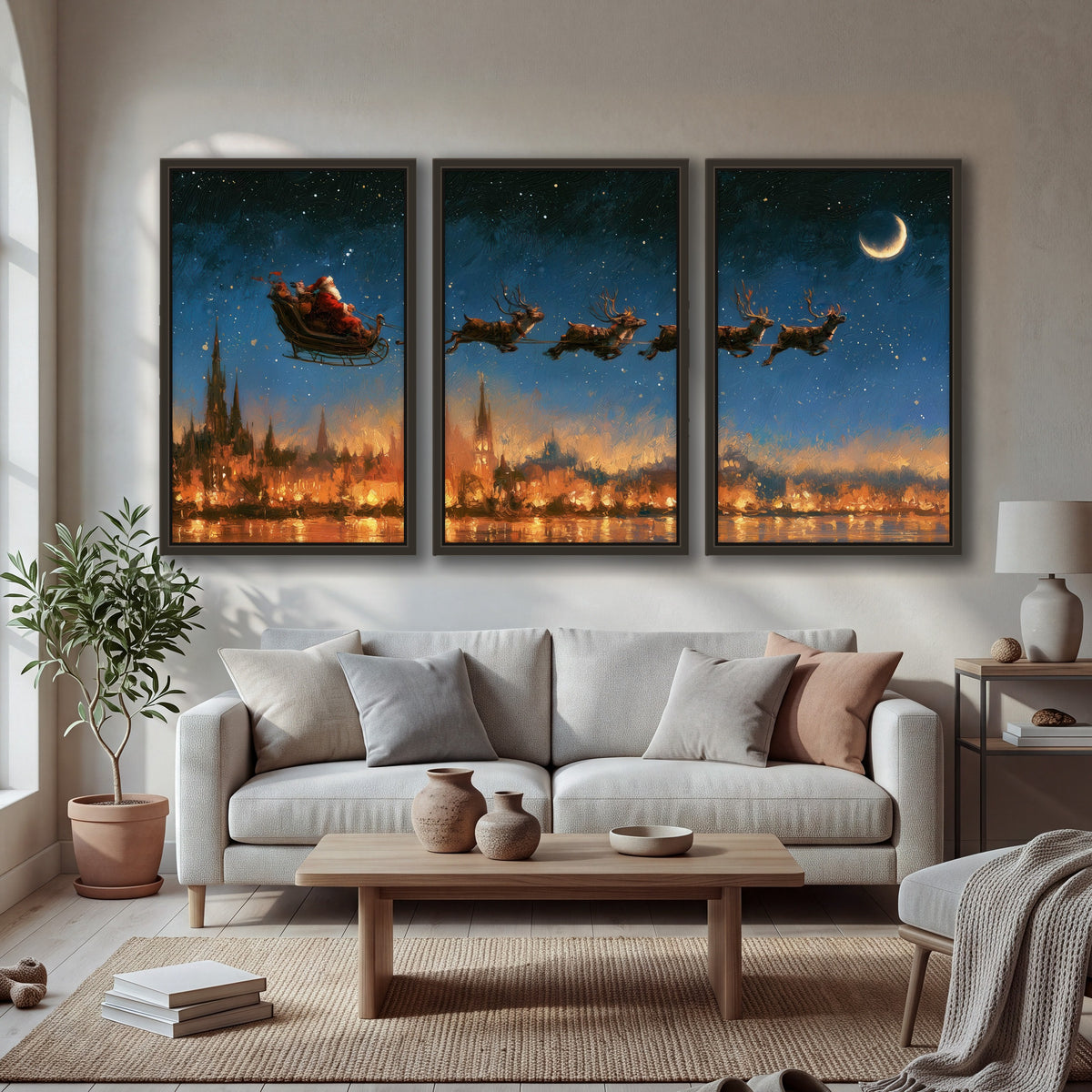 Santa sleigh starry night painting 3 piece framed canvas in a bright living room