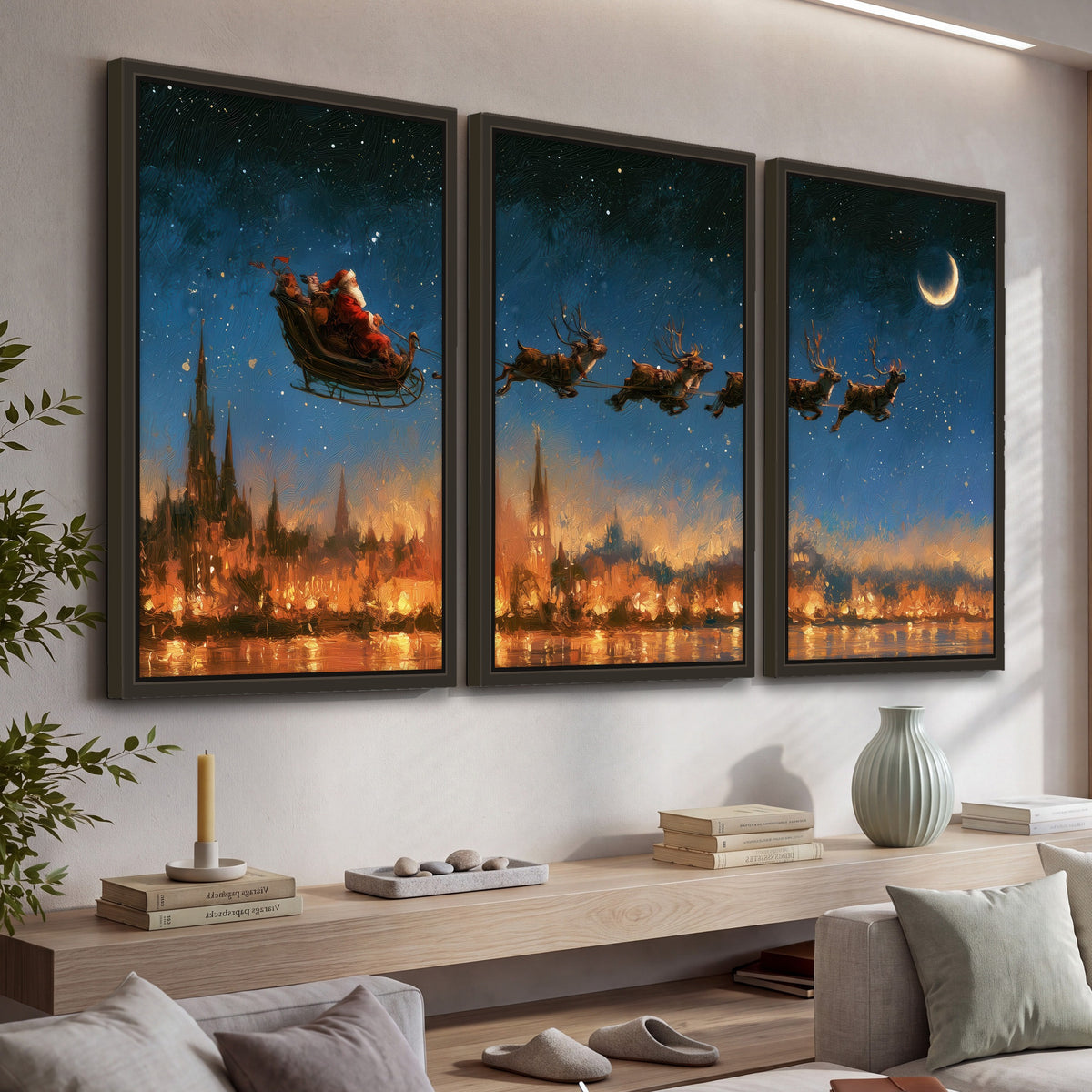 Santa sleigh starry night painting 3 piece framed canvas in a living room above a console