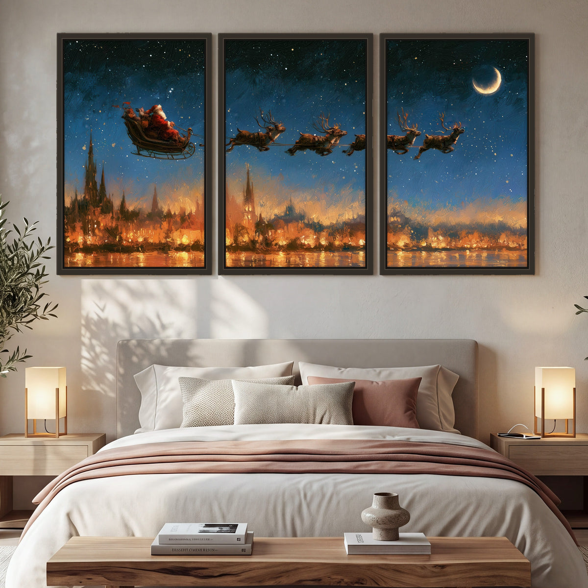 Santa sleigh starry night painting 3 piece framed canvas in a bedroom above the bed