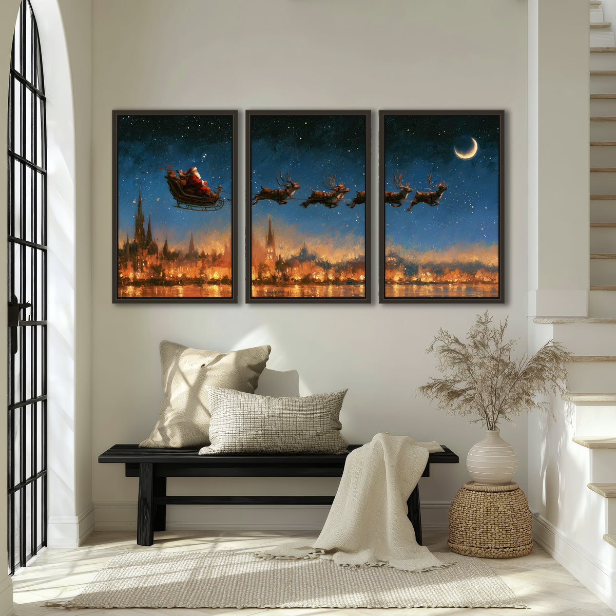 Santa sleigh starry night painting 3 piece framed canvas in an entryway above a bench