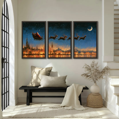 Santa sleigh starry night painting 3 piece framed canvas in an entryway above a bench