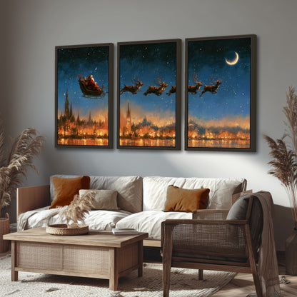 Santa sleigh starry night painting 3 piece framed canvas in a rustic living room