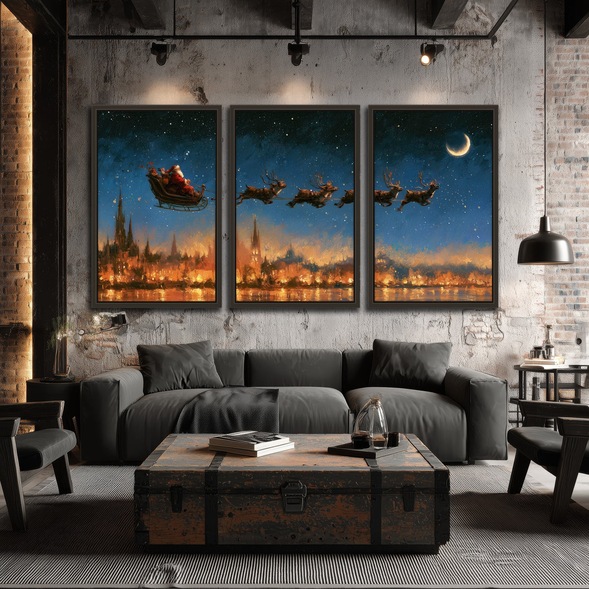 Santa sleigh starry night painting 3 piece framed canvas in an industrial loft