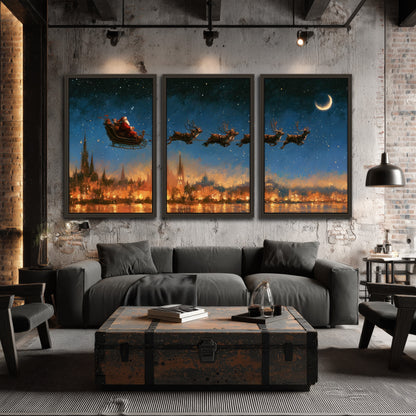 Santa sleigh starry night painting 3 piece framed canvas in an industrial loft
