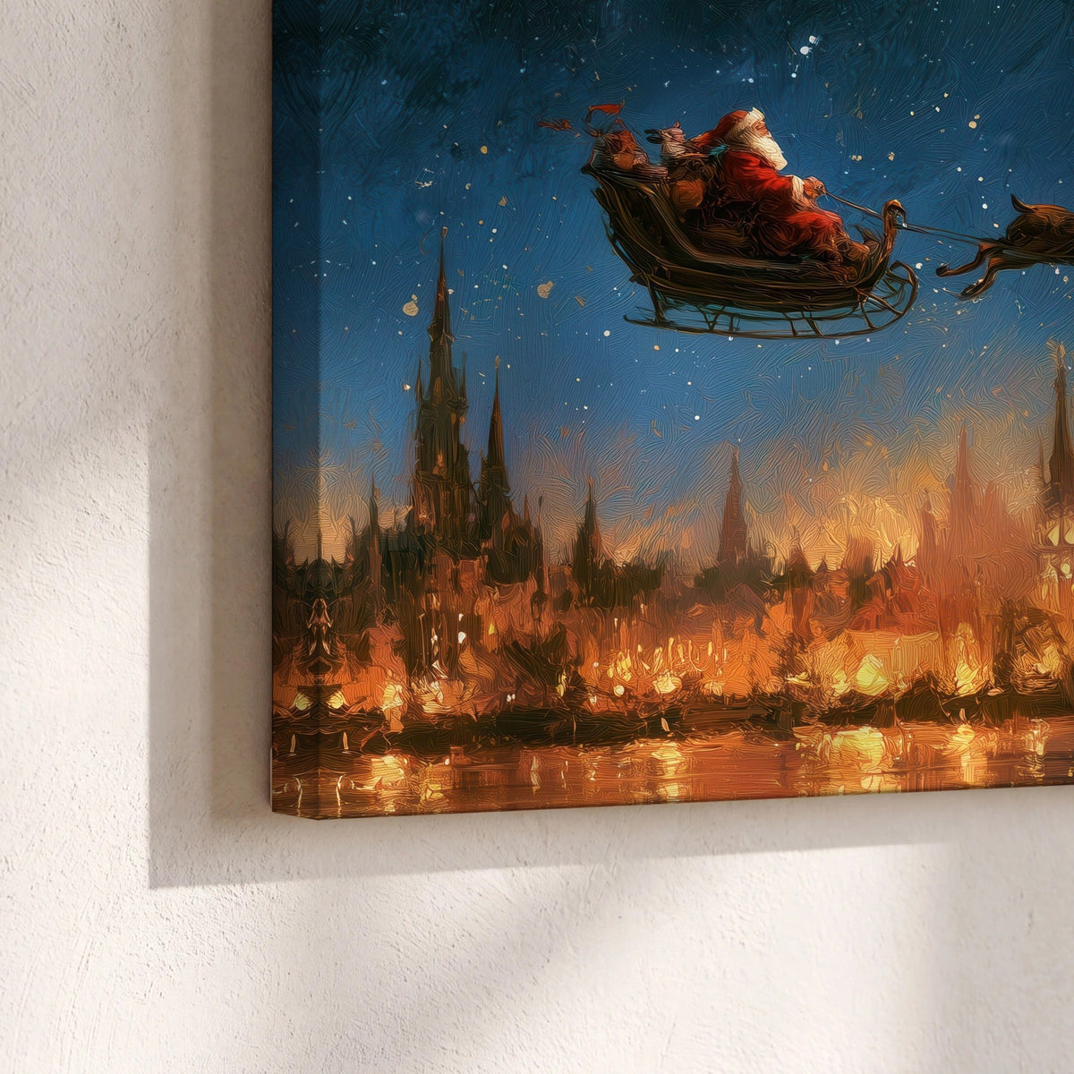 Santa sleigh starry night painting canvas print close-up showing the gallery-wrapped edge