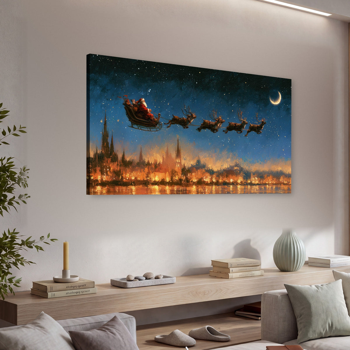 Santa sleigh starry night painting canvas wall art in a living room above a console