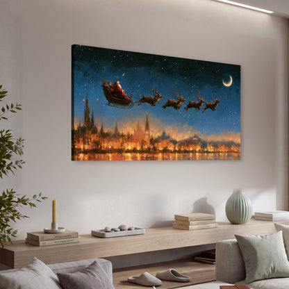 Santa sleigh starry night painting canvas wall art in a living room above a console